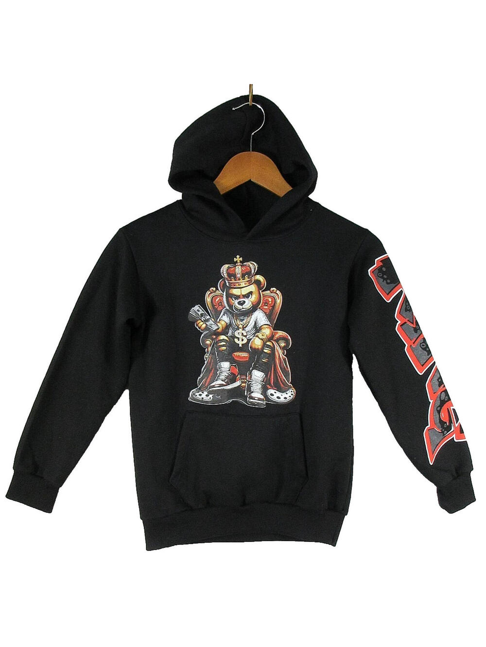 Hustle Mens Hip Hop King Teddy Bear Graphic Hoodie Long Sleeve Size M Black